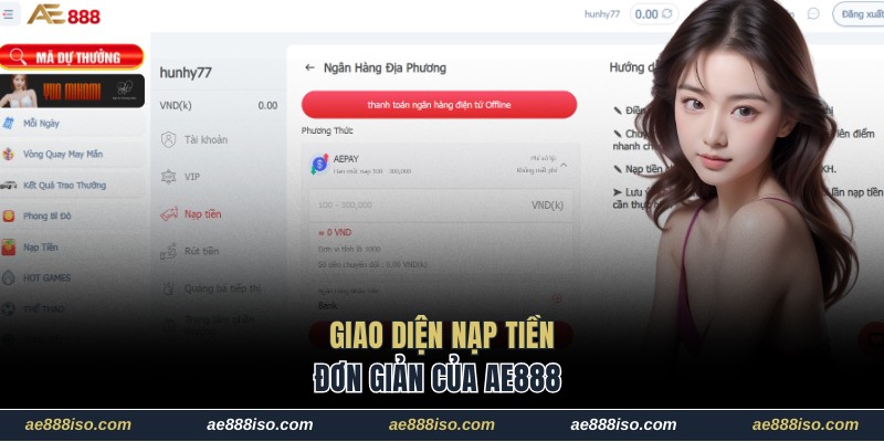 Giao diện nạp tiền ngay khi ae888 đăng nhập thành công